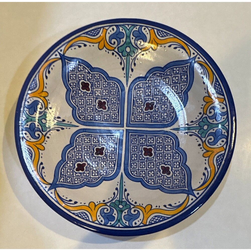 Ceramic Decorative Plate 12” Blue White Yellow Geometric Painted art pottery